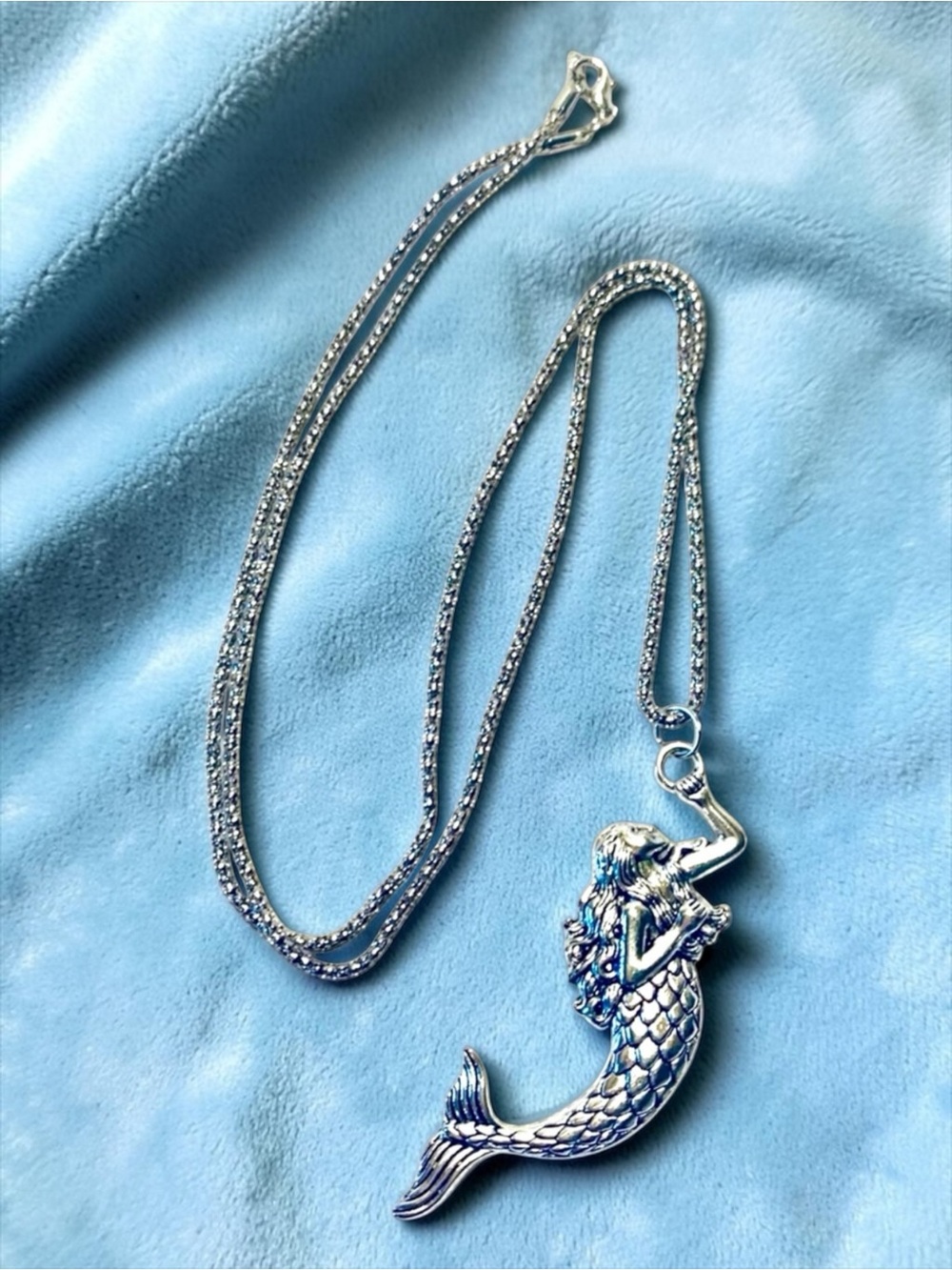 Sterling Silver-Tone Mermaid Pendant Necklace - Silver. Handmade - Picture 5 of 9